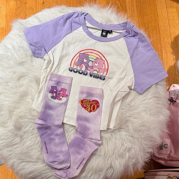Care Bears Tops - Care Bears XS Crop Top Socks Set New Lavender & White Care Bears 40th Raglan Tee